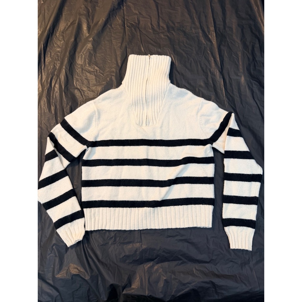 Cherie Collette Womens Striped Quarter Zip Sweater Ivory Black B50027 Small